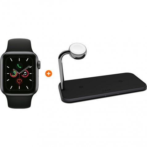 Apple Watch Series 5 40mm Space Gray Zwarte Sportband + ZENS Draadloze Oplader 10W Zwart
