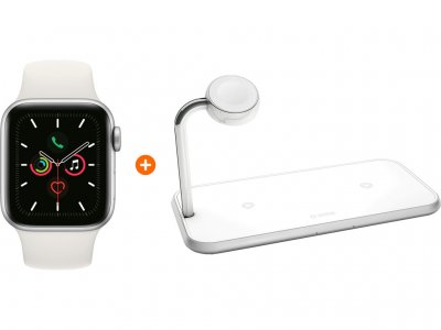 Apple Watch Series 5 40mm Zilver Witte Sportband + ZENS Draadloze Oplader 10W Wit