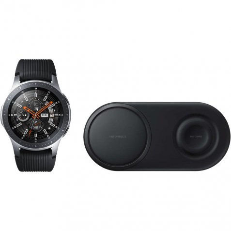 Samsung Galaxy Watch 46mm Silver + Samsung Draadloze Oplader DUO Pad Zwart