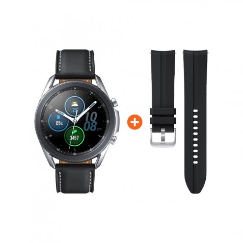 Samsung Galaxy Watch3 Zilver 45 mm + Siliconen Bandje Zwart 22mm