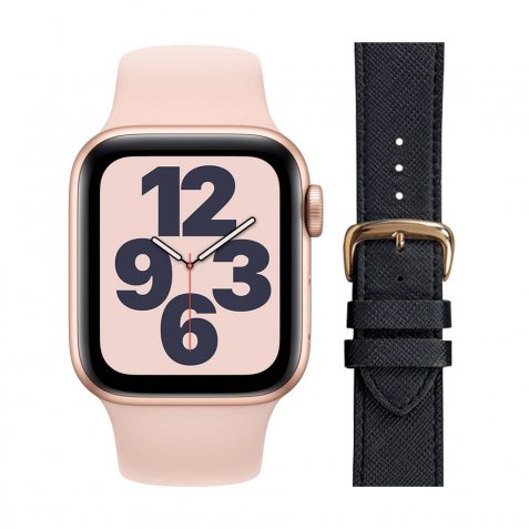 Apple Watch SE 40mm Roségoud Roze Bandje + DBramante1928 Leren Bandje Zwart/Roségoud