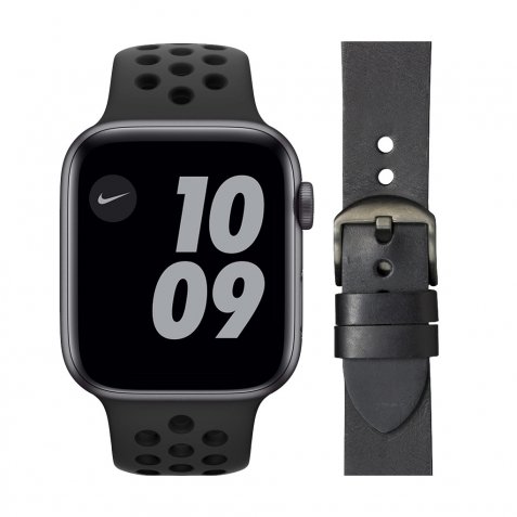 Apple Watch Nike SE 44mm Space Gray Zwart Bandje + DBramante1928 Leren Bandje Zwart
