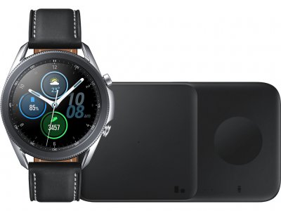 Samsung Galaxy Watch3 Zilver 45 mm + Samsung Draadloze Oplader DUO Pad 9W Zwart