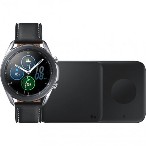 Samsung Galaxy Watch3 Zilver 45 mm + Samsung Draadloze Oplader DUO Pad 9W Zwart