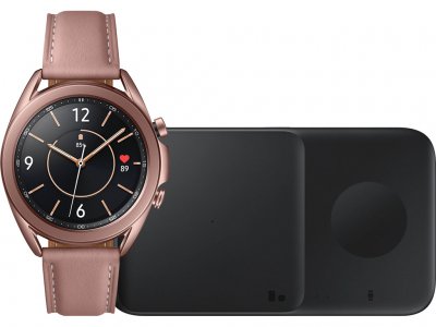 Samsung Galaxy Watch3 Goud 41 mm + Samsung Draadloze Oplader DUO Pad 9W Zwart