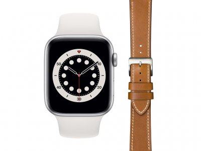Apple Watch Series 6 44mm Zilver Wit Bandje + DBramante1928 Leren Bandje Bruin/Zilver