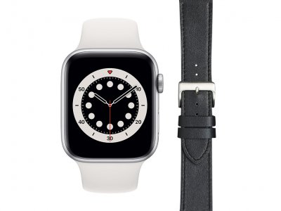 Apple Watch Series 6 44mm Zilver Wit Bandje + DBramante1928 Leren Bandje Zwart/Zilver