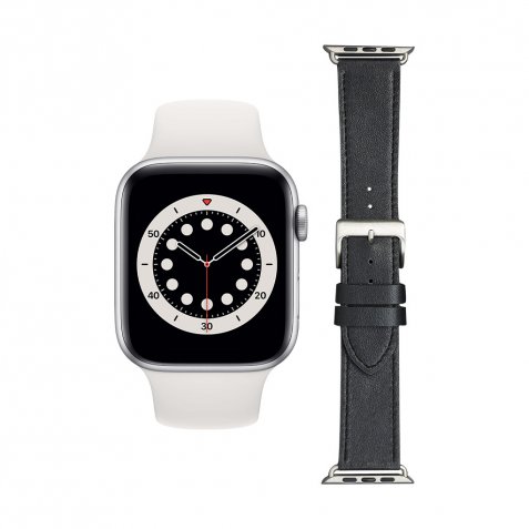 Apple Watch Series 6 44mm Zilver Wit Bandje + DBramante1928 Leren Bandje Zwart/Zilver