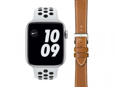 Apple Watch Nike Series 6 44mm Zilver Wit Bandje + DBramante1928 Leren Bandje Bruin/Zilver