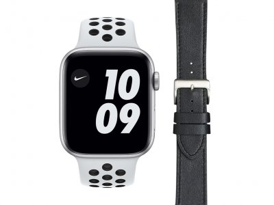 Apple Watch Nike Series 6 44mm Zilver Wit Bandje + DBramante1928 Leren Bandje Zwart/Zilver