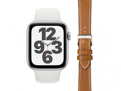 Apple Watch SE 44mm Zilver Wit Bandje + DBramante1928 Leren Bandje Bruin/Zilver