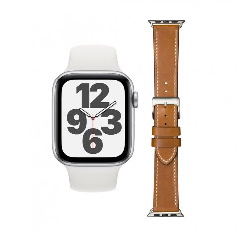 Apple Watch SE 44mm Zilver Wit Bandje + DBramante1928 Leren Bandje Bruin/Zilver