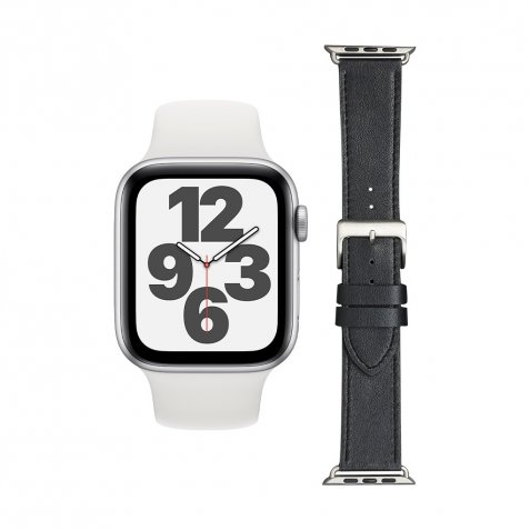 Apple Watch SE 44mm Zilver Wit Bandje + DBramante1928 Leren Bandje Zwart/Zilver