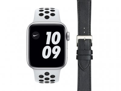 Apple Watch Nike SE 44mm Zilver Wit Bandje + DBramante1928 Leren Bandje Zwart/Zilver