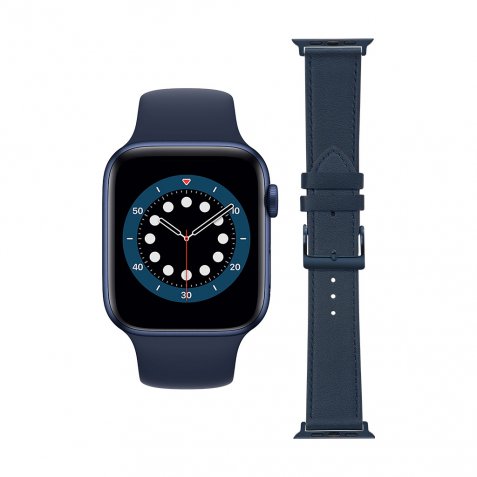 Apple Watch Series 6 44mm Blauw Siliconen Sportband + DBramante1928 Leren Bandje Blauw