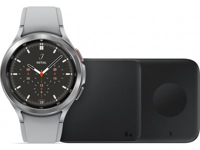Samsung Galaxy Watch4 Classic 46 mm Zilver + Draadloze Oplader DUO Pad 9W Zwart