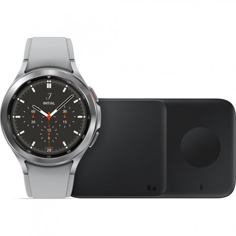 Samsung Galaxy Watch4 Classic 46 mm Zilver + Draadloze Oplader DUO Pad 9W Zwart