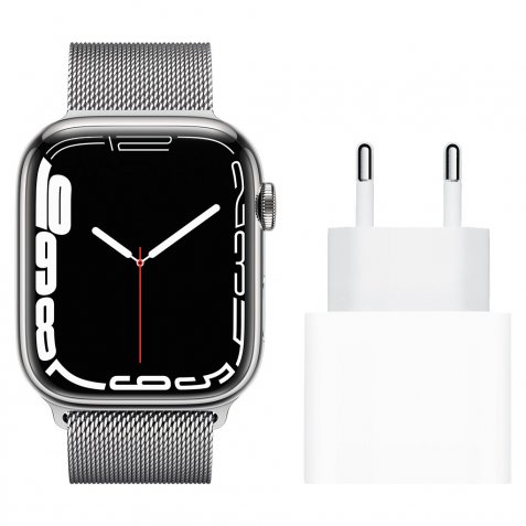 Apple Watch Series 7 4G 45mm Zilver Rvs Milanese Polsband + Apple Usb C Oplader 20W
