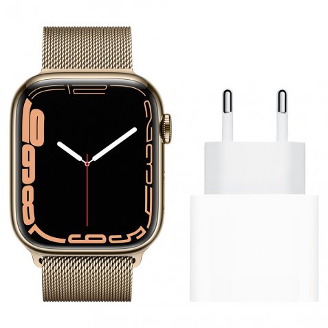 Apple Watch Series 7 4G 45mm Goud Rvs Milanese Polsband + Apple Usb C Oplader 20W