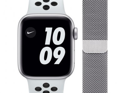 Apple Watch Nike SE 44mm Zilver Aluminium Witte Sportband + Polsband Milanees Zilver
