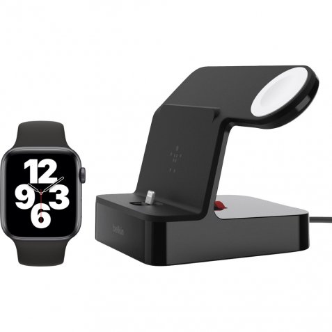 Apple Watch SE 40mm Space Gray Zwarte Sportband + Belkin Docking Station Zwart