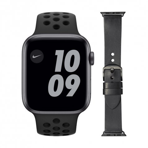 Apple Watch Nike Series 6 44mm Space Gray Zwart Bandje + DBramante1928 Leren Bandje Zwart
