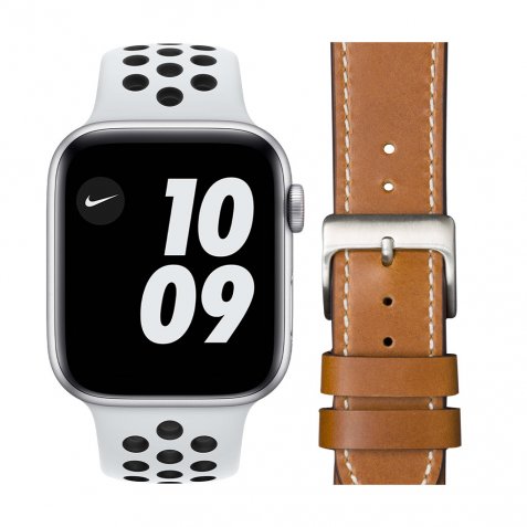 Apple Watch Nike SE 4G 44mm Zilver Wit Bandje + DBramante1928 Leren Bandje Bruin/Zilver
