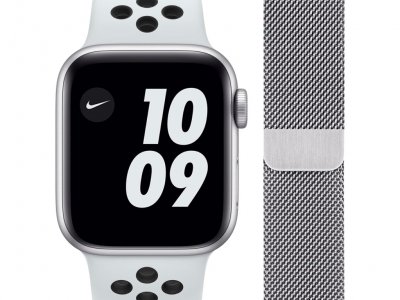 Apple Watch Nike SE 4G 40mm Zilver Aluminium Witte Sportband + Polsband Milanees Zilver
