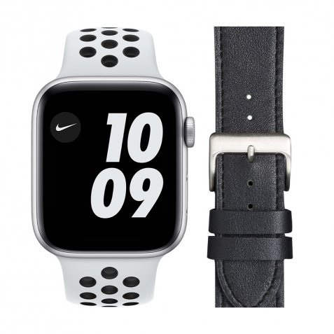 Apple Watch Nike SE 44mm Zilver Wit Bandje + DBramante1928 Leren Bandje Bruin/Zilver