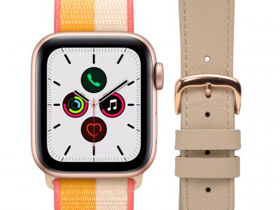 Apple Watch SE 4G 40mm Roségoud Mais/Wit Nylon Bandje + DBramante1928 Leren Bandje Crème