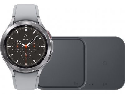 Samsung Galaxy Watch4 Classic 46 mm Zilver + Duo Draadloze Oplader 15W Zwart