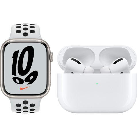 Apple Watch Nike Series 7 41mm Witgoud Aluminium Witte Sportband + Apple AirPods Pro