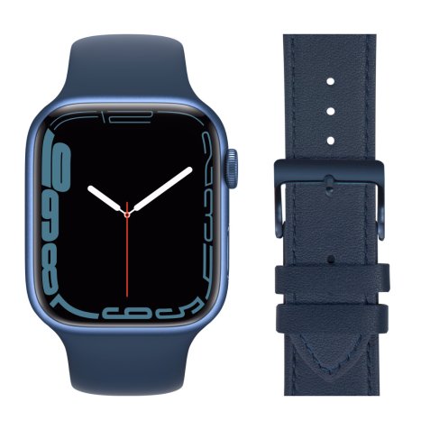 Apple Watch Series 7 4G 45mm Blauwe Aluminium Blauwe Sportband + Leren Bandje Blauw