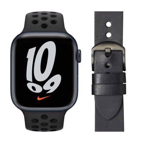 Apple Watch Nike Series 7 4G 45mm Middernacht Aluminium Sportband + Leren Bandje Zwart