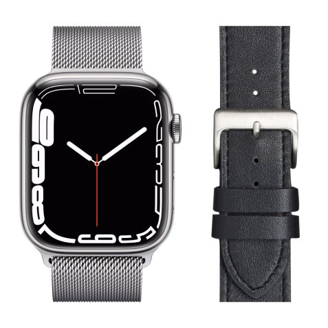 Apple Watch Series 7 4G 45mm Zilver Rvs Milanese Polsband + Leren Bandje Zwart