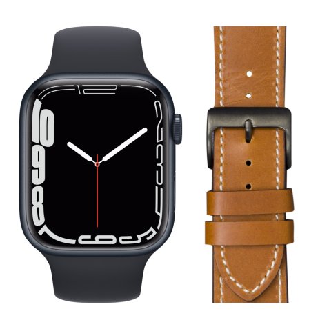 Apple Watch Series 7 45mm Middernacht Aluminium Middernacht Sportband + Leren bandje Bruin