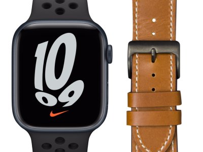 Apple Watch Nike Series 7 4G 45mm Middernacht Aluminium Sportband + Leren Bandje Bruin