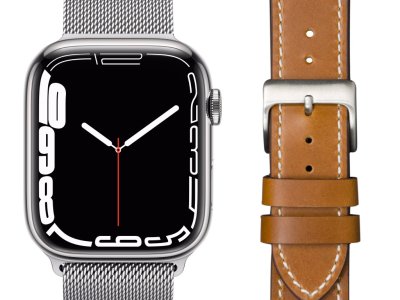 Apple Watch Series 7 4G 45mm Zilver Rvs Milanese Polsband + Leren Bandje Bruin