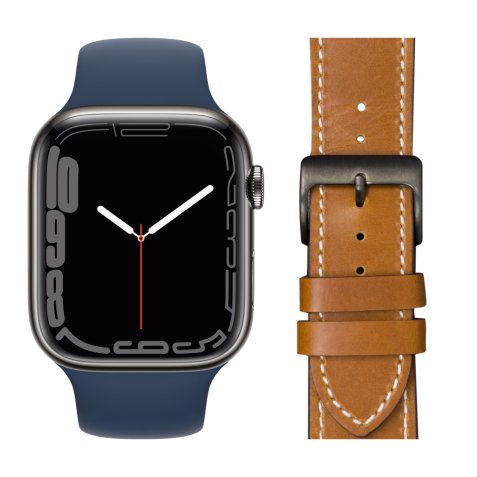 Apple Watch Series 7 4G 45mm Grafiet Rvs Blauwe Sportband + Leren Bandje Bruin
