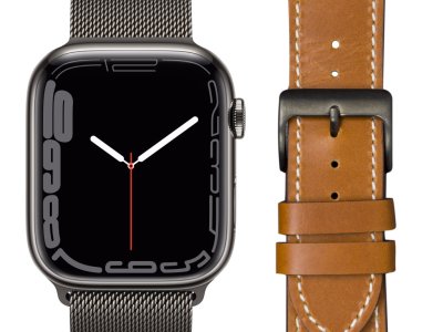 Apple Watch Series 7 4G 45mm Grafiet Rvs Milanese Polsband + Leren Bandje Bruin