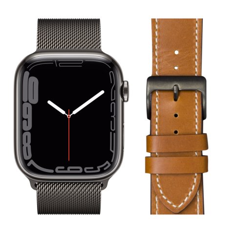 Apple Watch Series 7 4G 45mm Grafiet Rvs Milanese Polsband + Leren Bandje Bruin