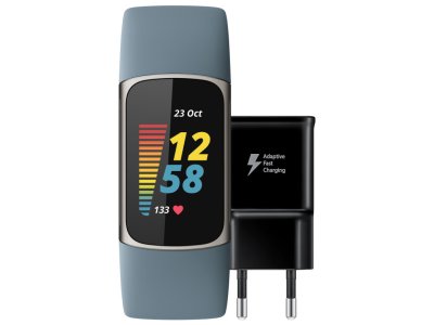 Fitbit Charge 5 Blauw/Zilver + Samsung Adaptive Fast Charging Oplader 15W Zwart