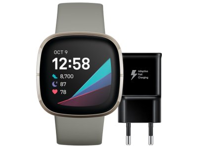 Fitbit Sense Groen/Zilver + Samsung Adaptive Fast Charging Oplader 15W Zwart