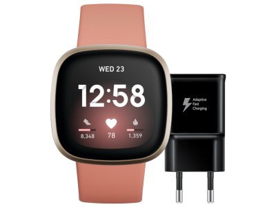 Fitbit Versa 3 Roze/Goud + Samsung Adaptive Fast Charging Oplader 15W Zwart