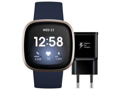 Fitbit Versa 3 Blauw/Goud + Samsung Adaptive Fast Charging Oplader 15W Zwart